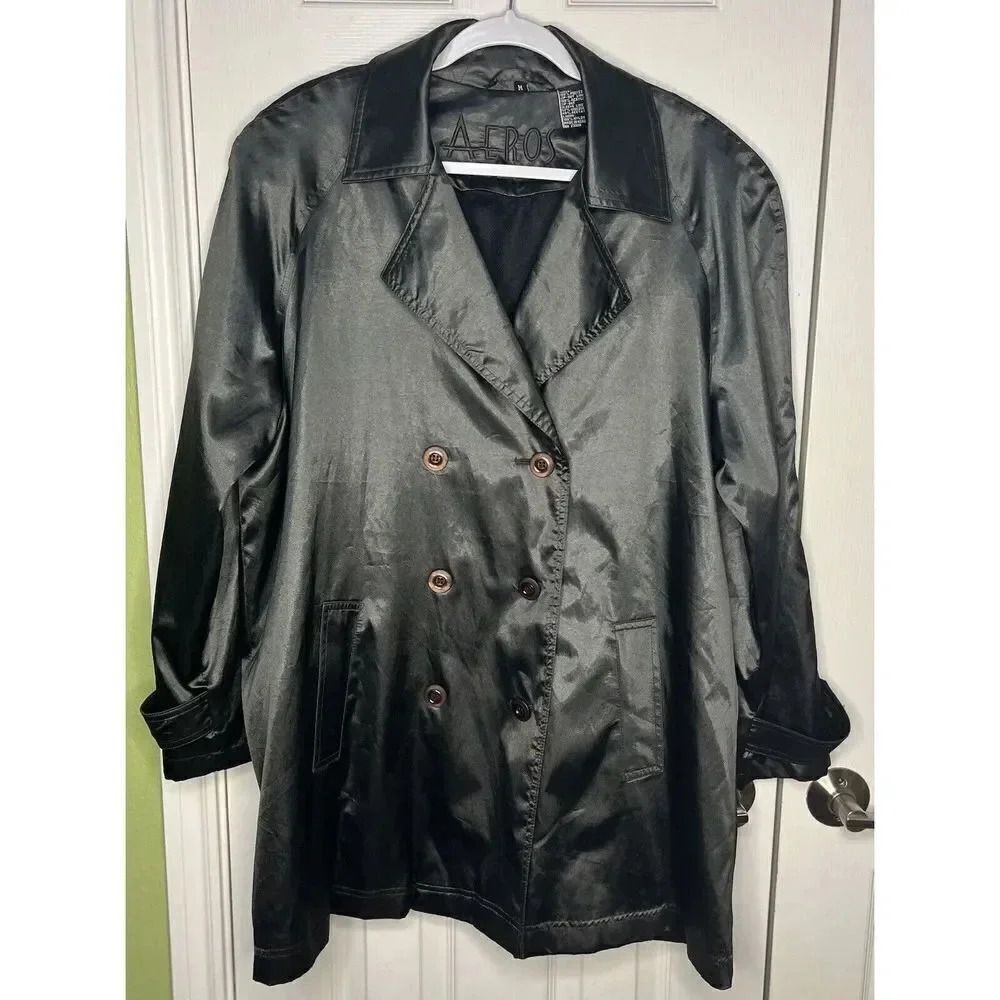 Aeros Double Breasted Silky Black‎ Trench Coat Women’s Size M